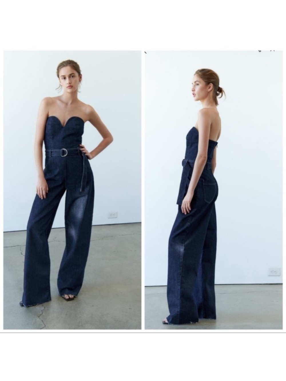 Zara Bustier Denim Jumpsuit Dark Wash Wide Leg XS 70s Utility Western Boho Retro